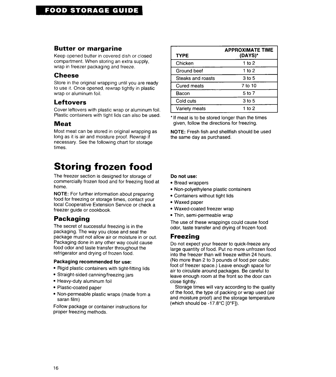 Whirlpool 6ET18ZK important safety instructions Storing frozen food 