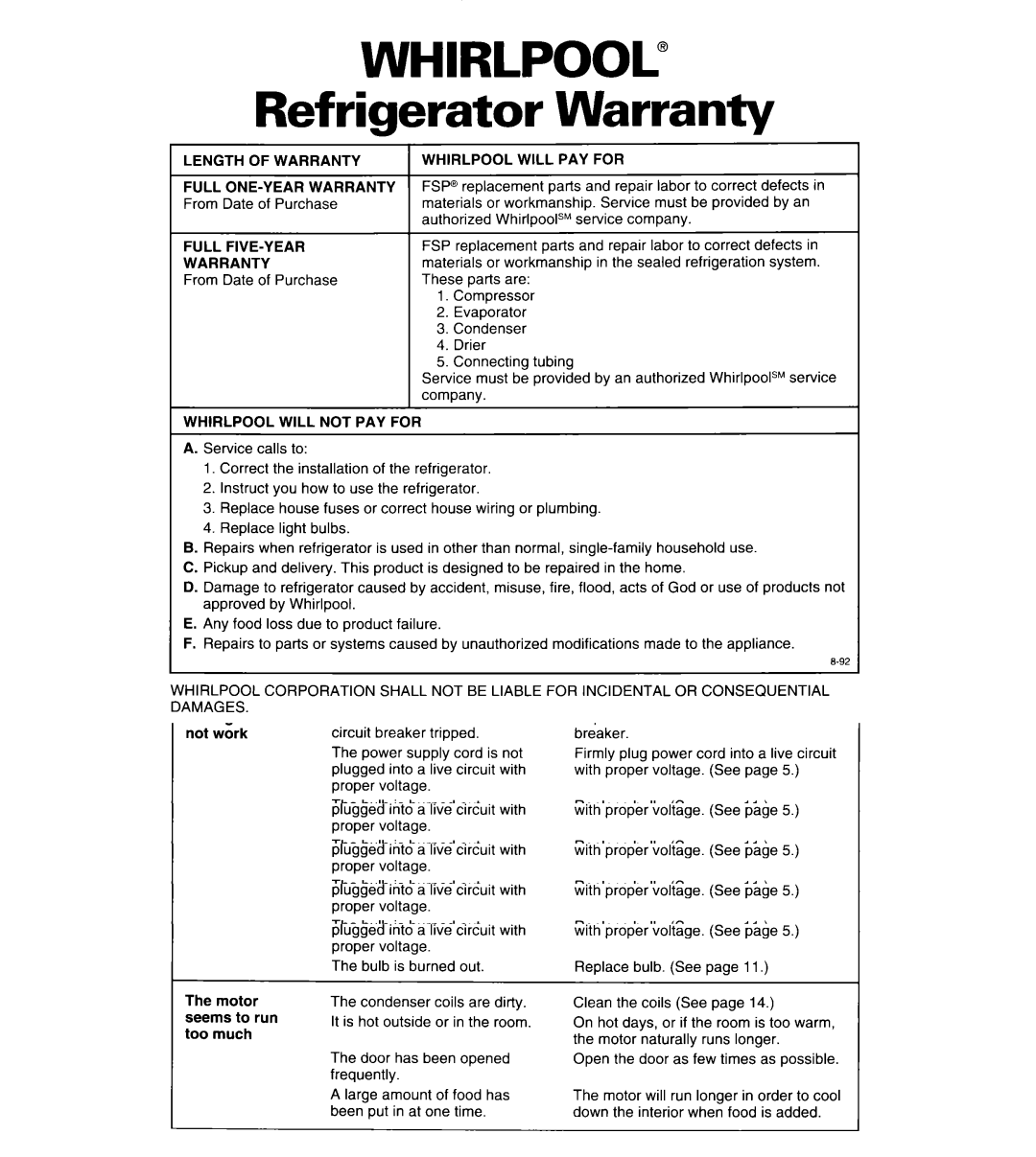 Whirlpool 6ET18ZK important safety instructions Warranty 