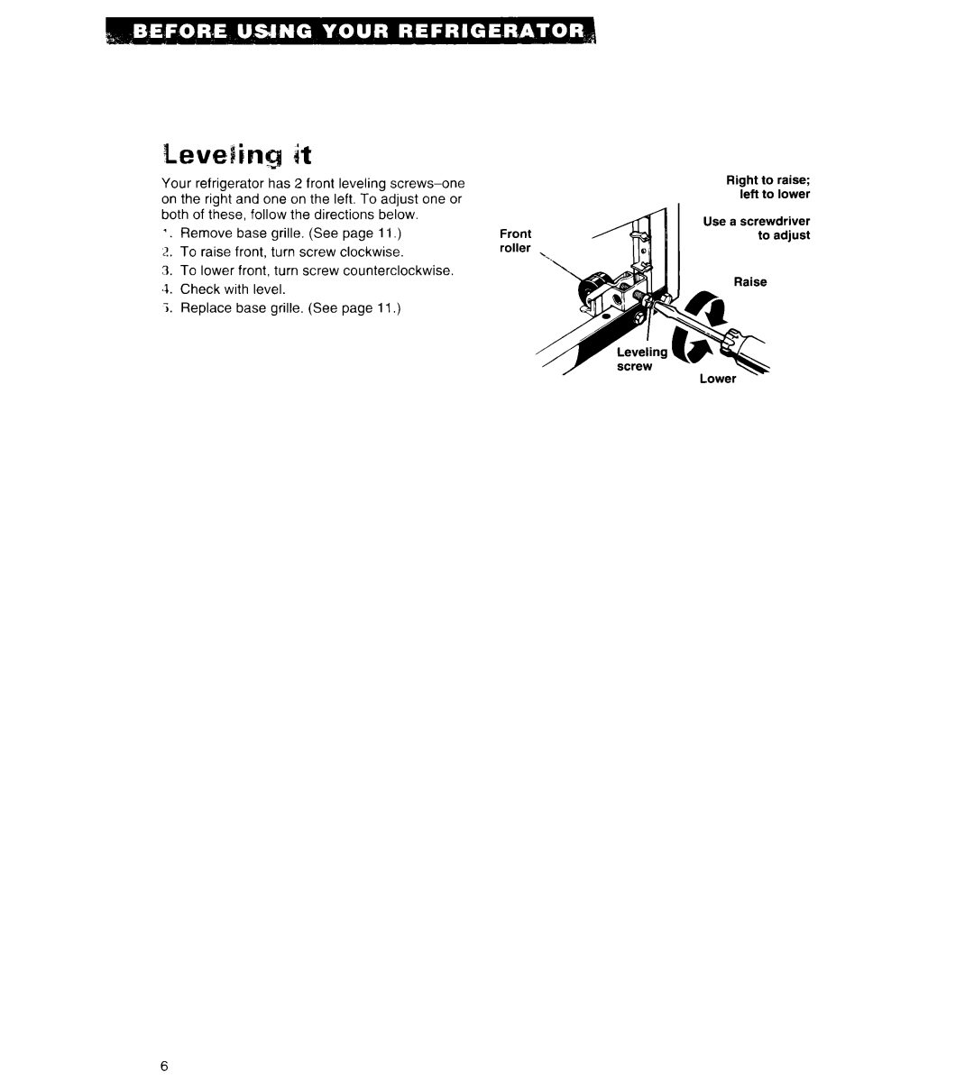 Whirlpool 6ET18ZK important safety instructions Right to raise left to lower Use a screwdriver 