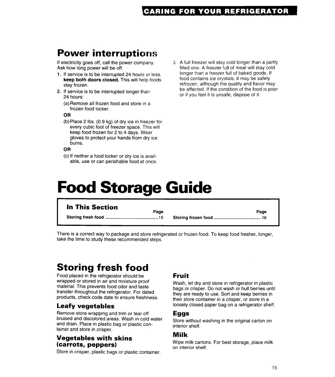 Whirlpool 6ET18ZK Guide, Food, Power interruptiards, Storing fresh food, Storage, In This, Section, Leafy vegetables, Milk 