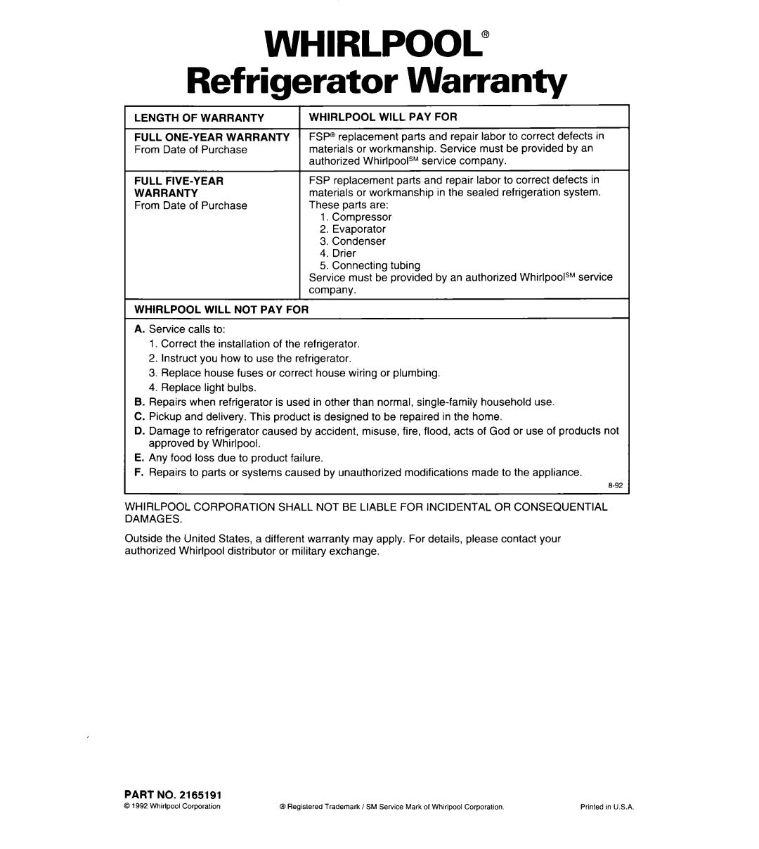 Whirlpool 6ET18ZK important safety instructions Warranty, Whirlpool@, Refrigerator 