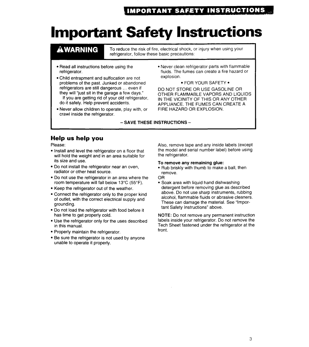 Whirlpool 6ET18ZK important safety instructions Important Safety Instructions, Help us help you 