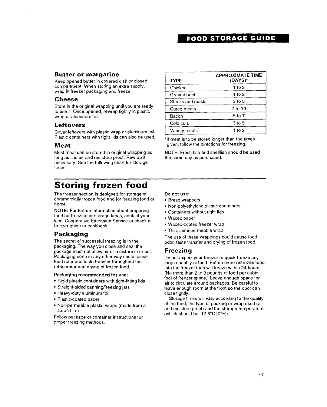 Whirlpool 3ET22DK, 6ET20DK, 6ET18DK important safety instructions Storing frozen food 