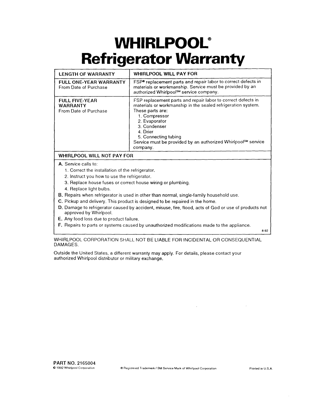 Whirlpool 3ET22DK WHIRLPOOL@ Refrigerator Warranty, Length Of Warranty Full One-Yearwarranty, Full Five-Year Warranty 
