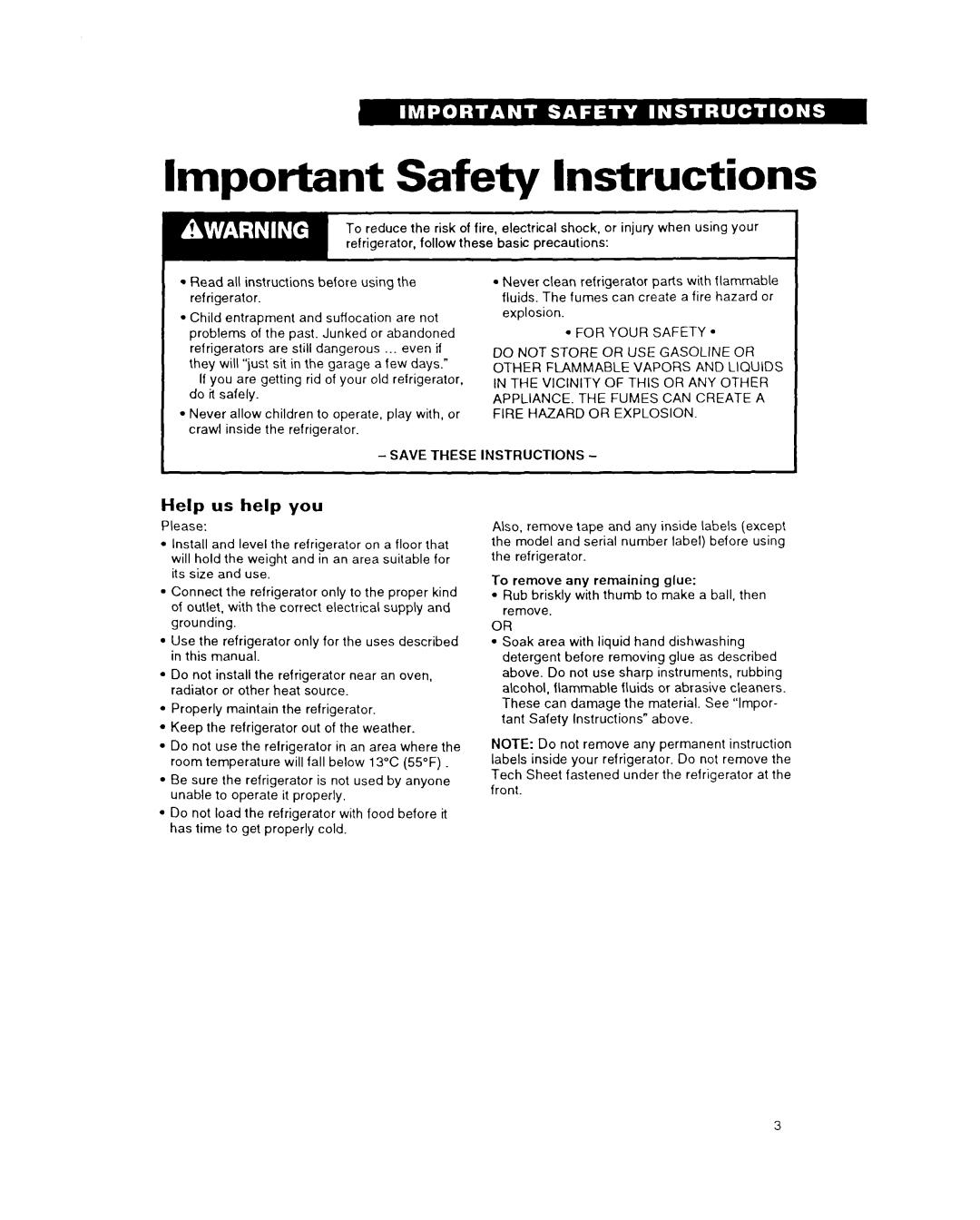 Whirlpool 6ET20DK, 6ET18DK, 3ET22DK important safety instructions Important Safety Instructions, Help us help you 