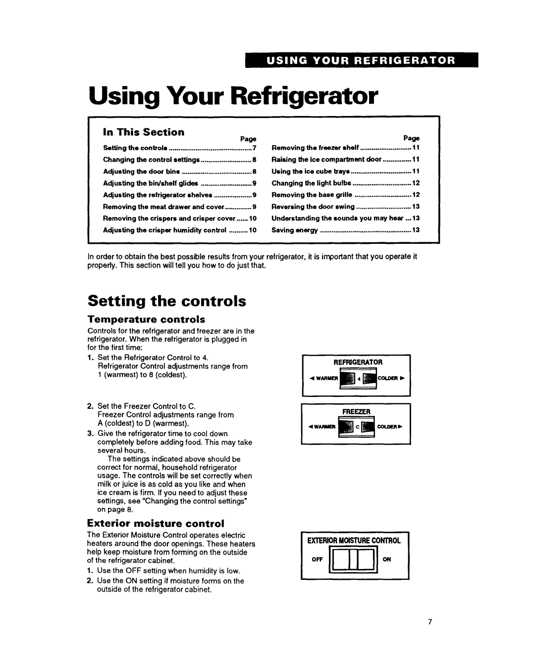 Whirlpool 6ET18DK, 6ET20DK Using Your Refrigerator, Setting the controls, In This, Page, Temperature controls, Section 
