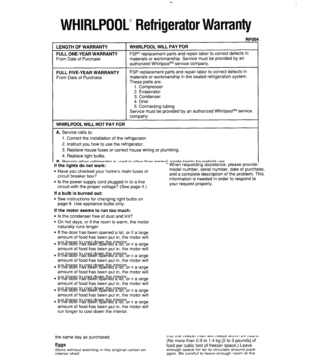 Whirlpool 6ET20RK, 3ET22RK manual Full FIVE-YEAR Warranty, Whirlpool will PAY for, Whirlpool will not PAY for 