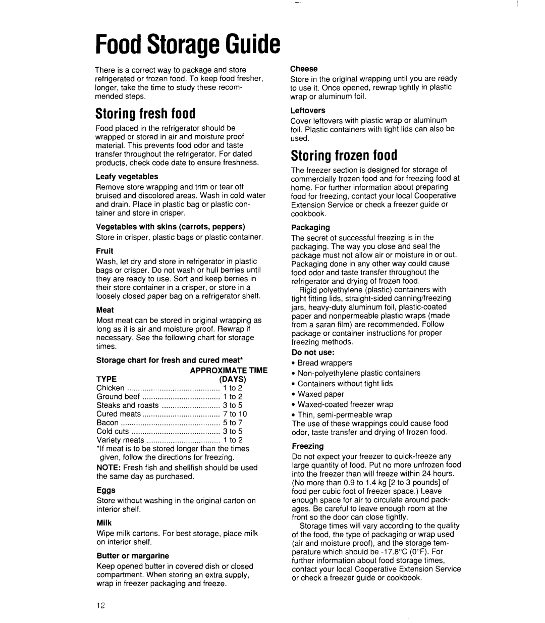 Whirlpool 6ET20RK, 3ET22RK manual FoodStorageGuide, Storingfresh food, Storingfrozenfood 