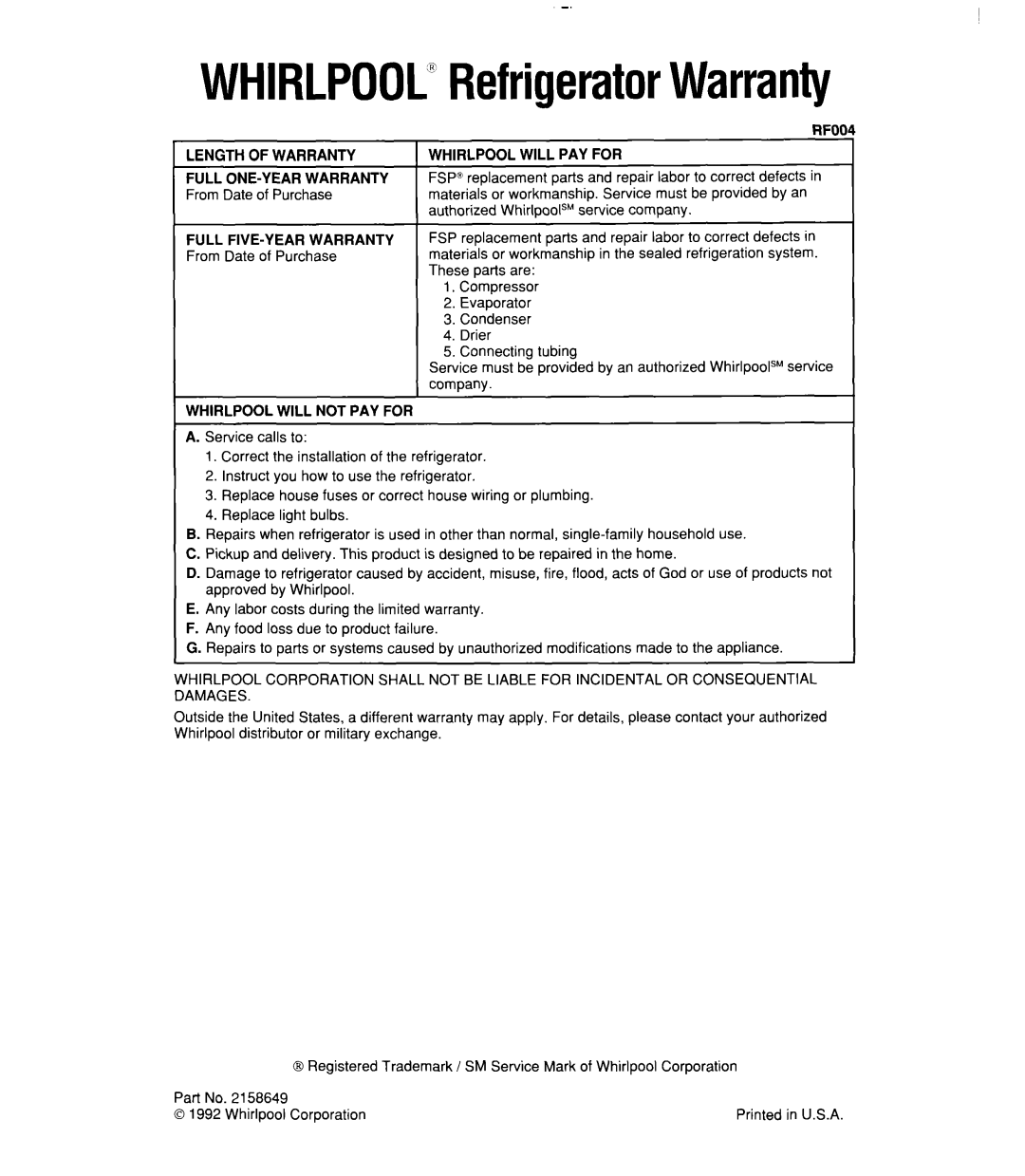 Whirlpool 6ET20RK, 3ET22RK manual WHIRLPOOLERefrigeratorWarranty, Full Five-Yearwarranty, Whirlpool Will Pay For 