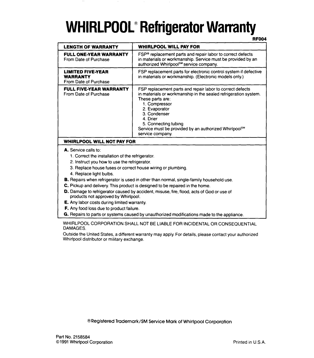 Whirlpool 6ETl6ZK manual Length of Warranty, Whirlpool will PAY for, Limited FIVE-YEAR, Whirlpool will not PAY for 