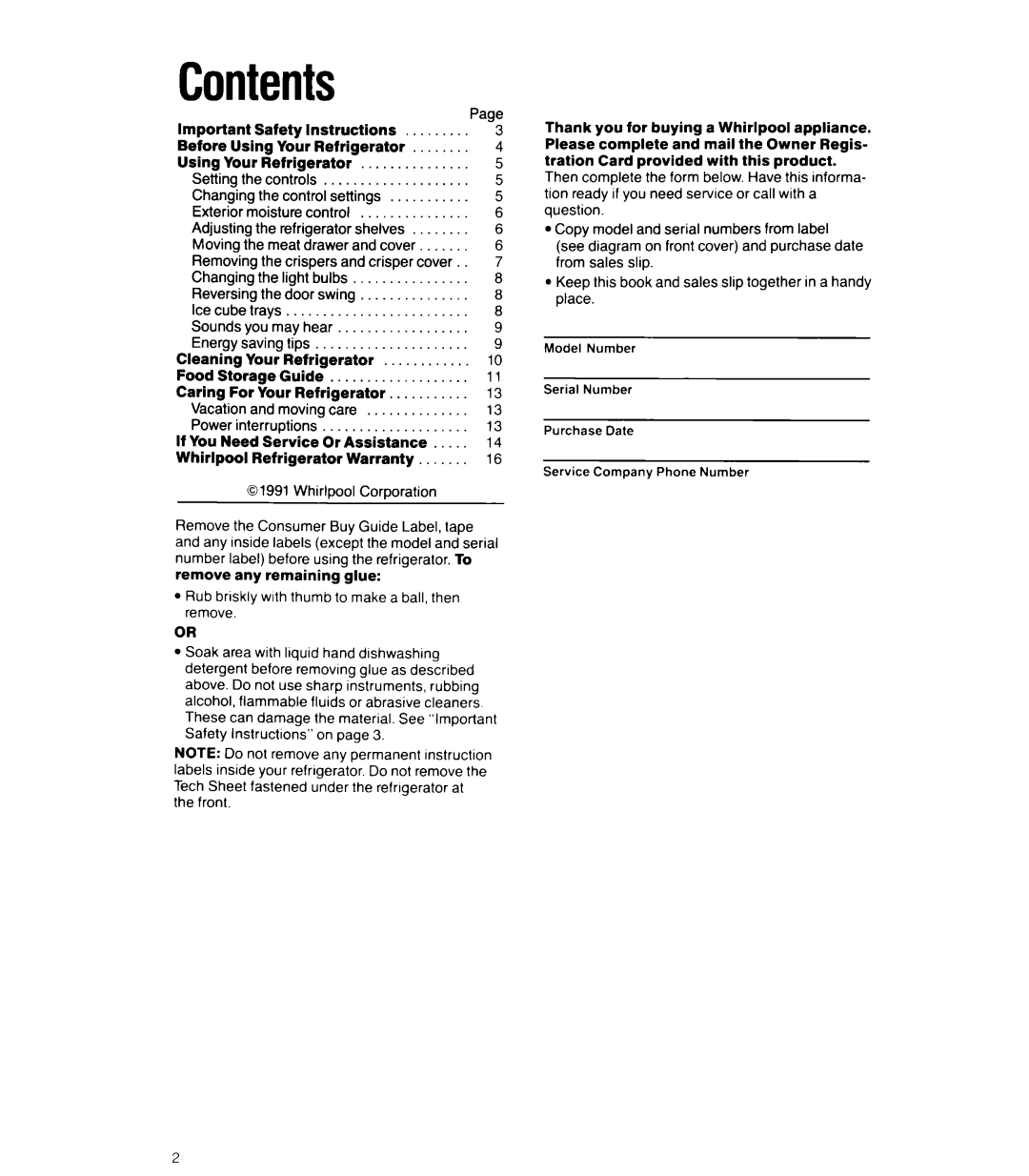 Whirlpool 6ETl6ZK manual Contents 