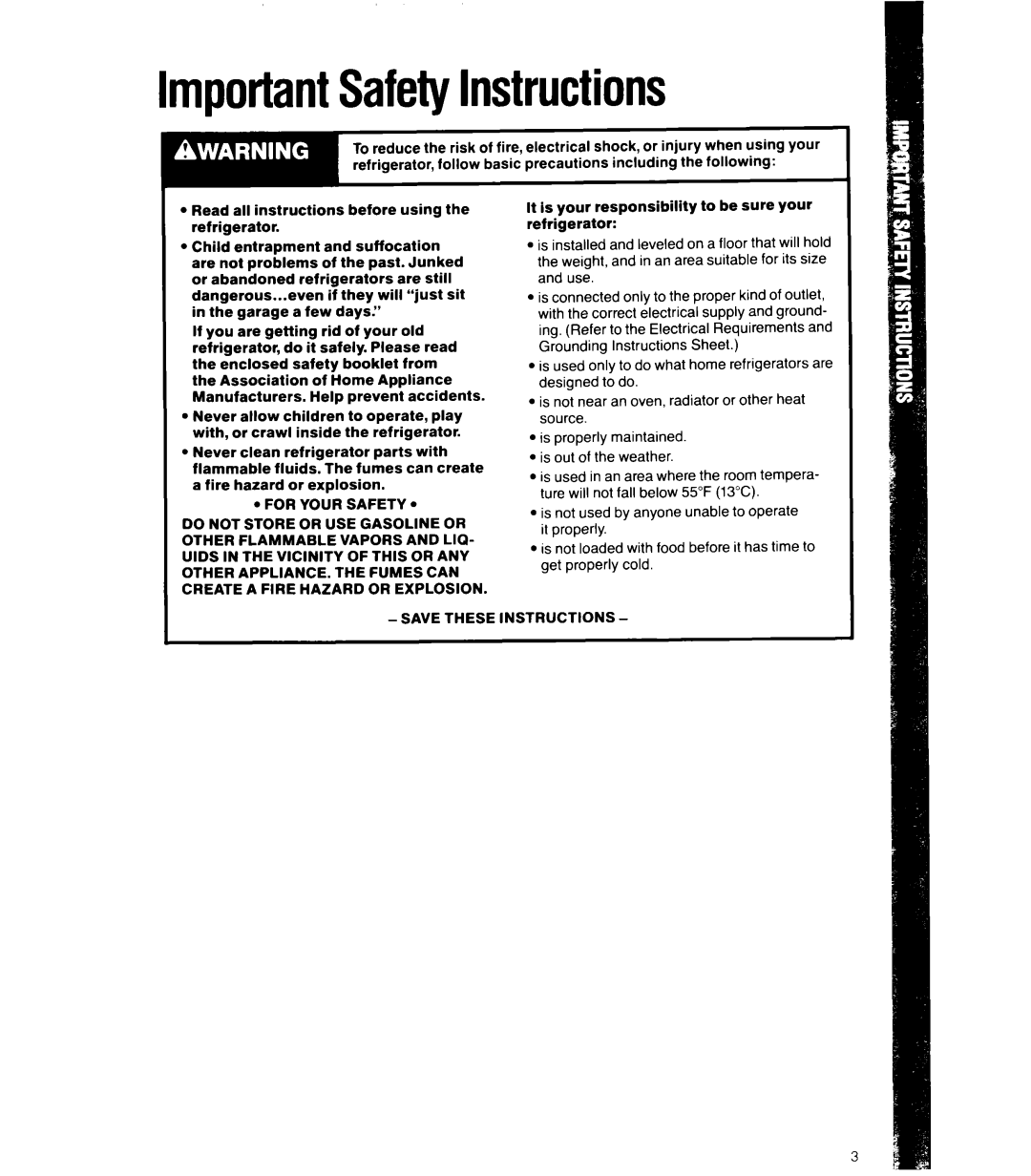 Whirlpool 6ETl6ZK ImportantSafetyInstructions, Read All instructions Before Using Refrigerator Child, Junked, Prevent 