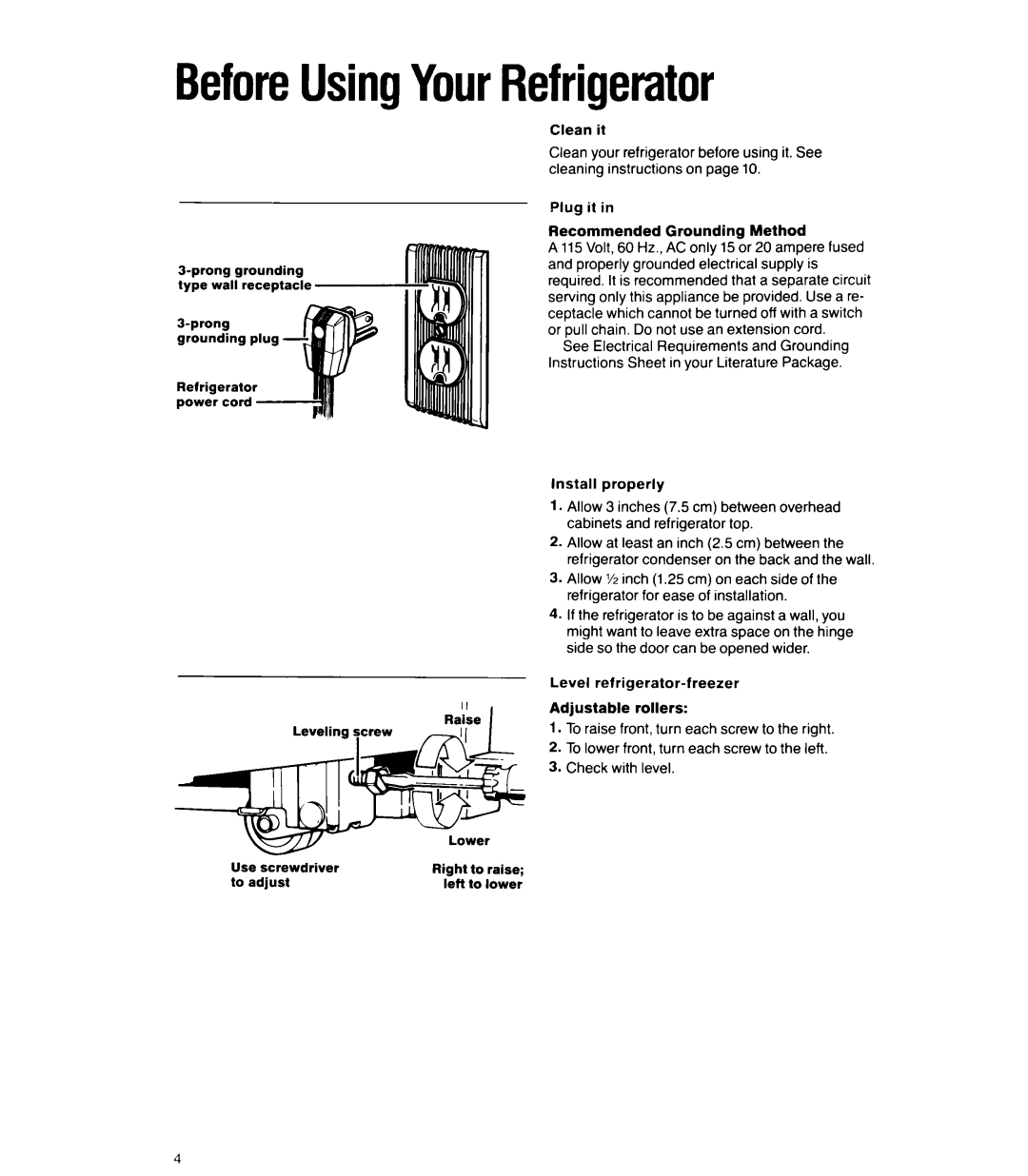 Whirlpool 6ETl6ZK manual BeforeUsingYourRefrigerator, To adjust Left 