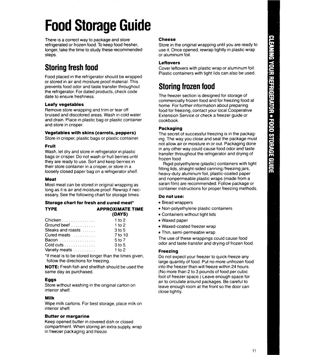 Whirlpool 6ETl6ZK manual FoodStorageGuide, Storingfreshfood, Storingfrozenfood, Eggs 
