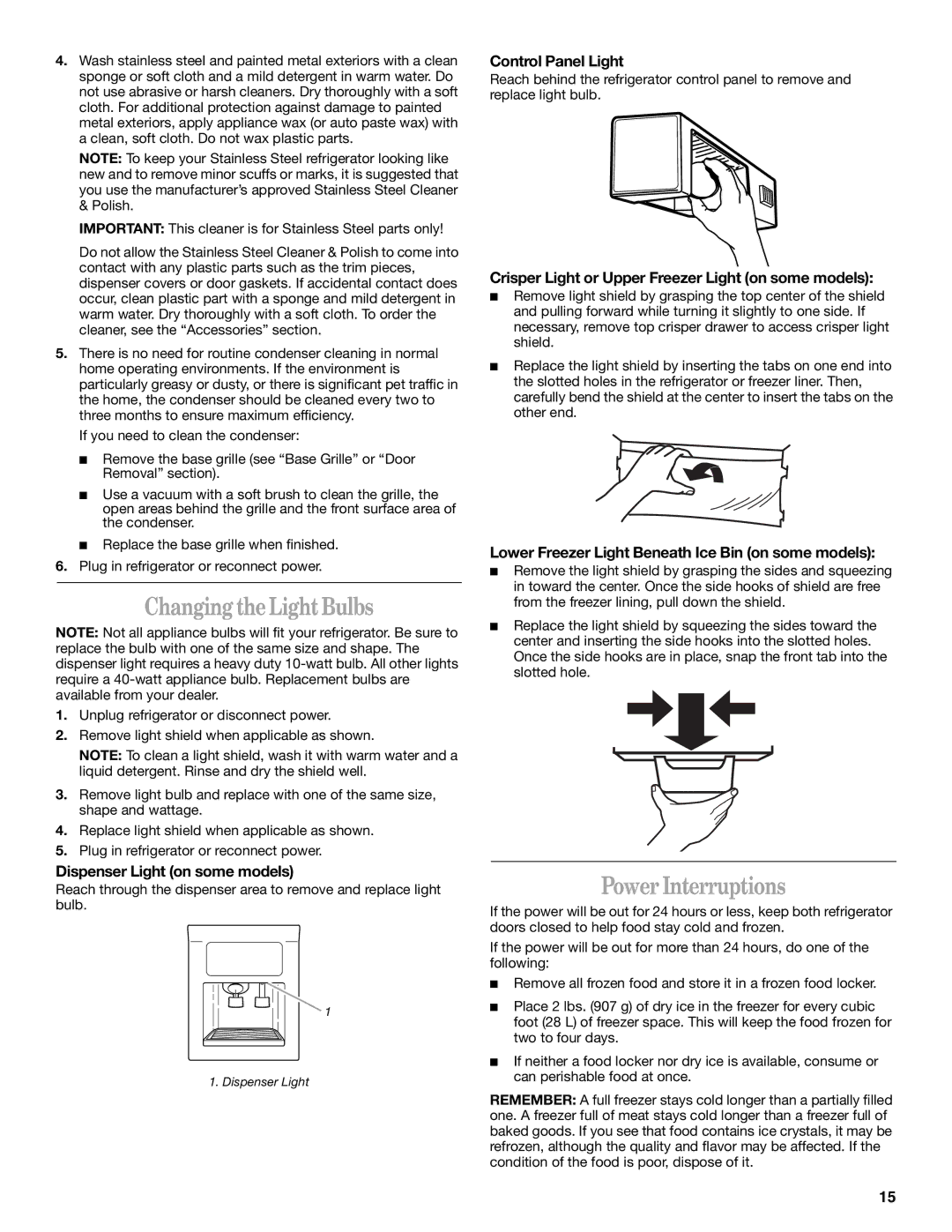 Whirlpool 6GC5THGXKS00 manual Changing theLight Bulbs, Power Interruptions 