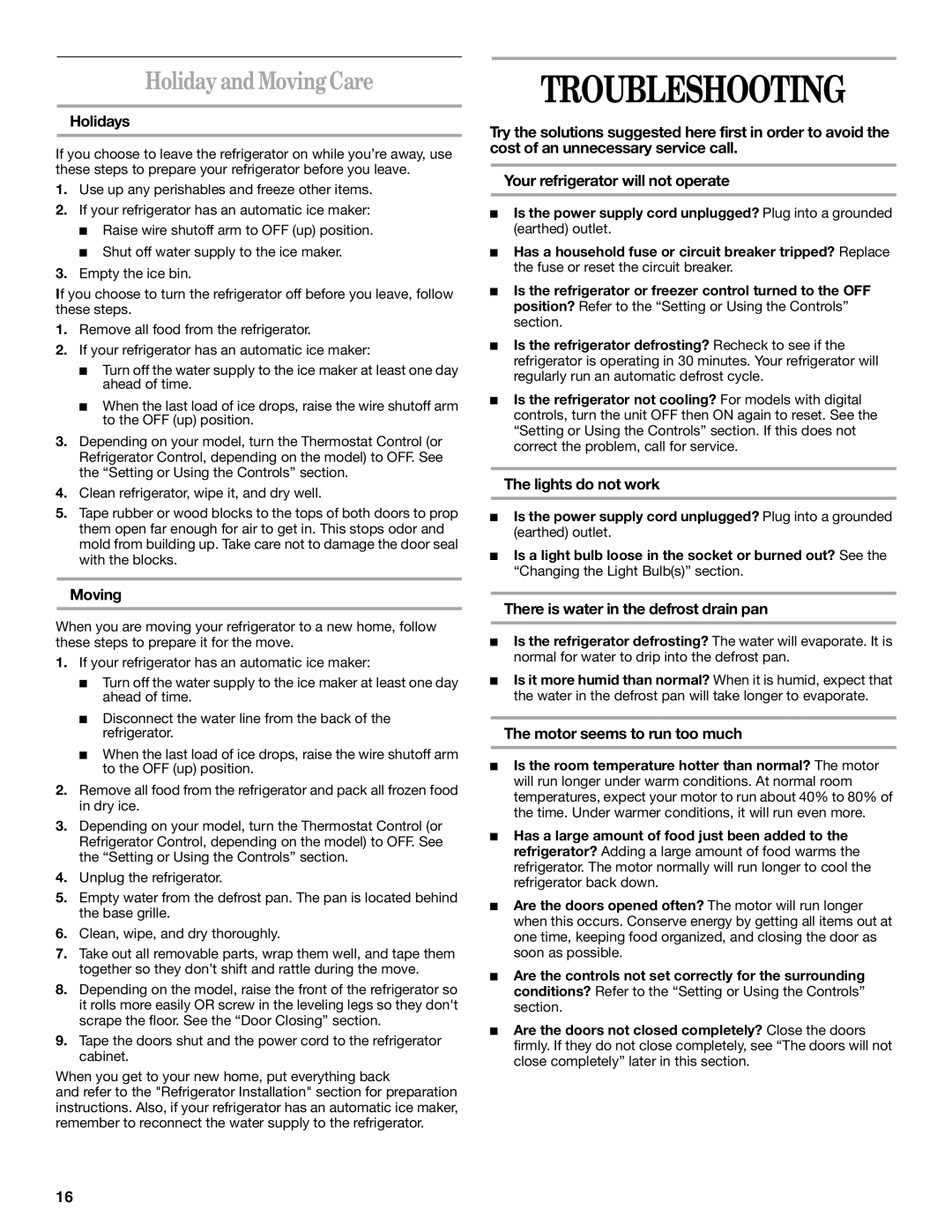 Whirlpool 6GC5THGXKS00 manual Troubleshooting, Holiday and Moving Care 