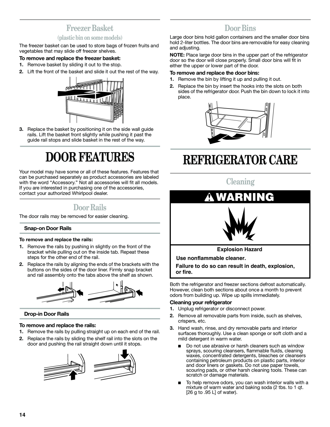 Whirlpool 6GC5THGXKS00 manual Door Features, Refrigerator Care, Freezer Basket, Door Bins, Door Rails, Cleaning 