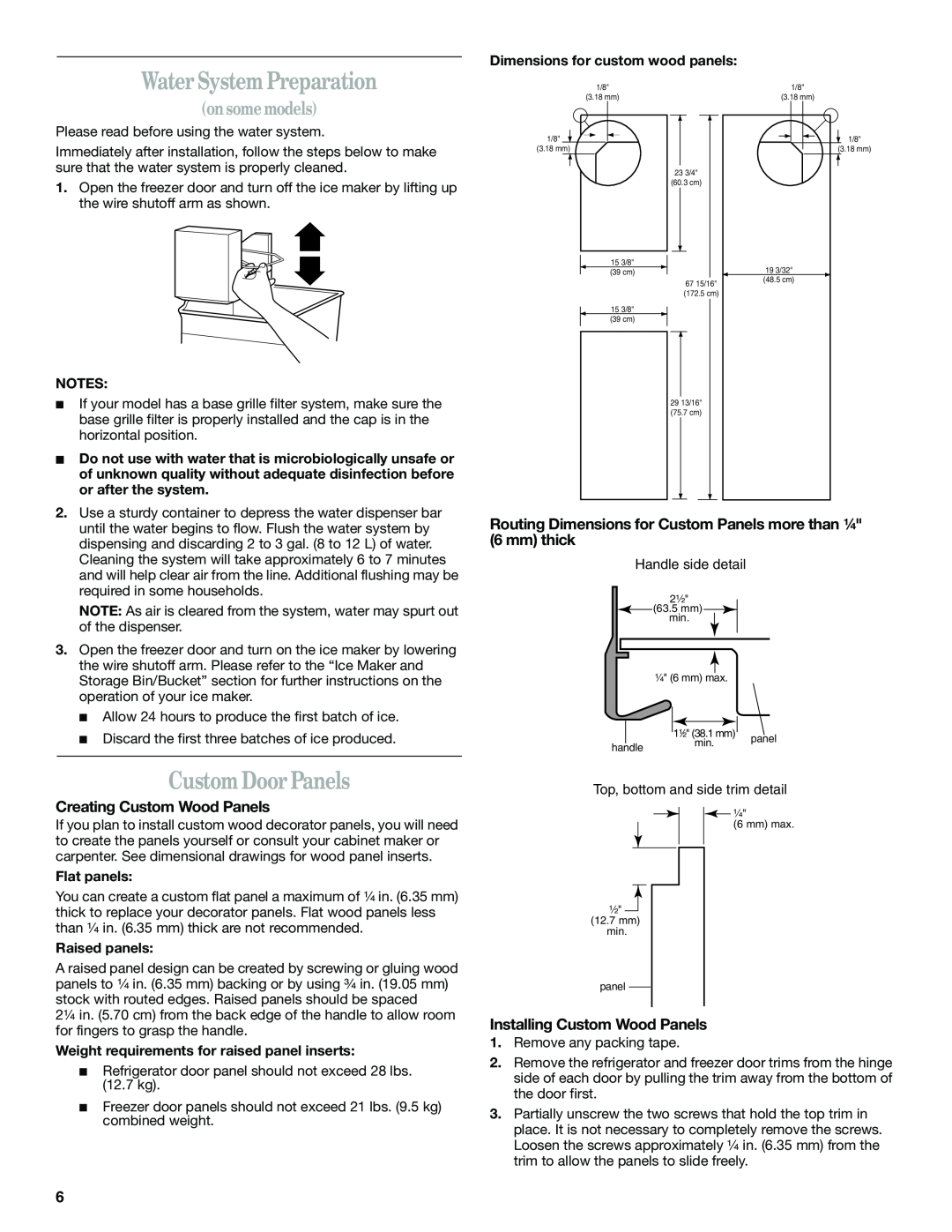 Whirlpool 6GC5THGXKS00 manual Water System Preparation, Custom Door Panels, onsome models, Creating Custom Wood Panels 