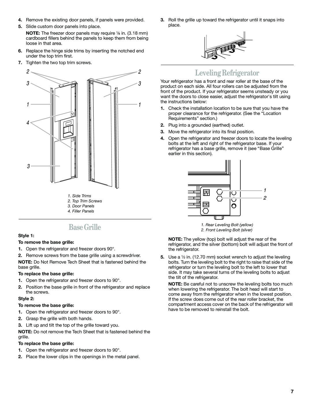 Whirlpool 6GC5THGXKS00 Base Grille, Leveling Refrigerator, Side Trims 2. Top Trim Screws 3. Door Panels 4. Filler Panels 