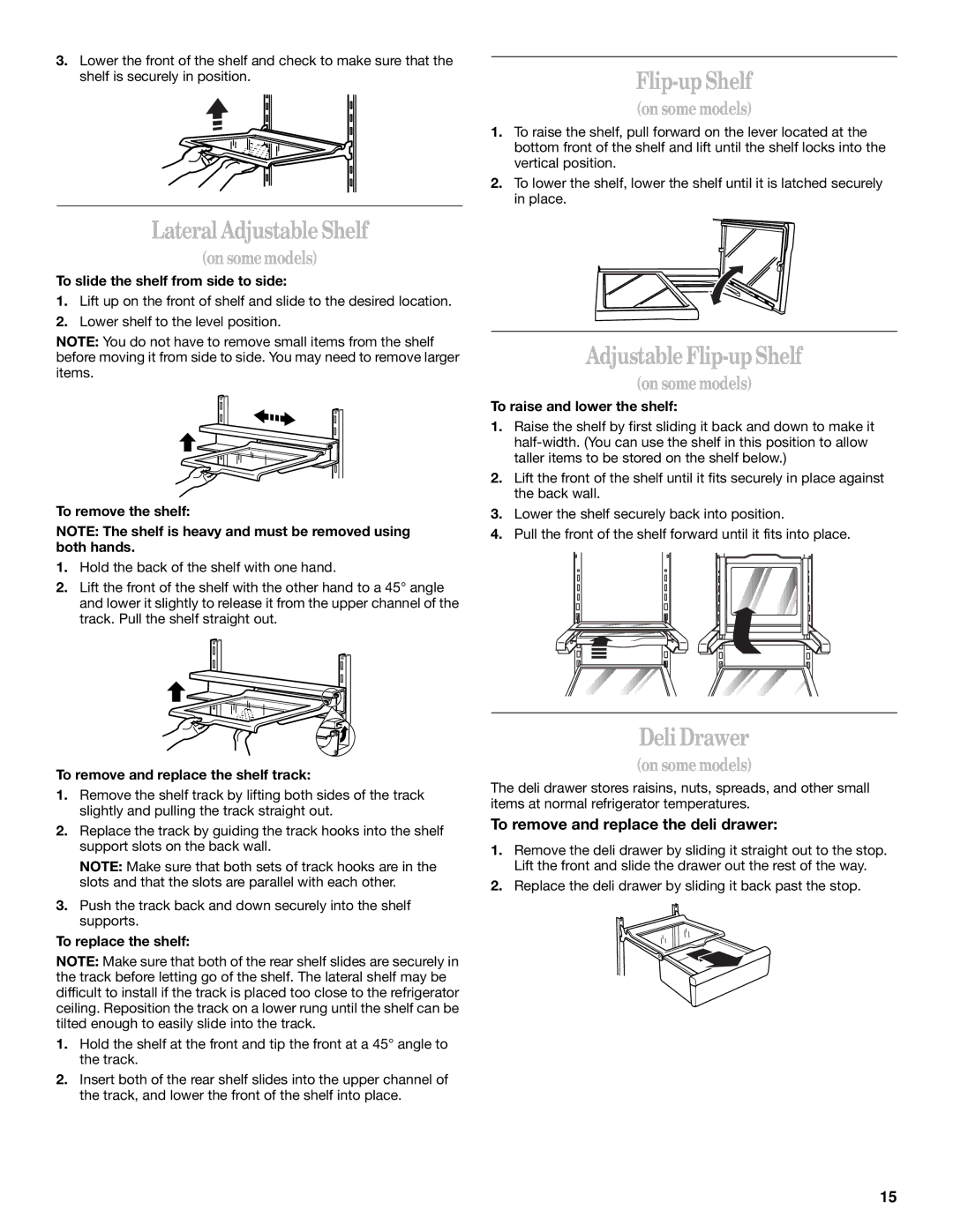 Whirlpool 2211657, 6GD27DFXFS01 manual Lateral Adjustable Shelf, Adjustable Flip-up Shelf, Deli Drawer 