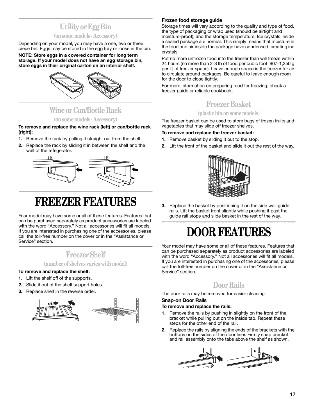 Whirlpool 2211657, 6GD27DFXFS01 manual Freezer Features, Door Features 