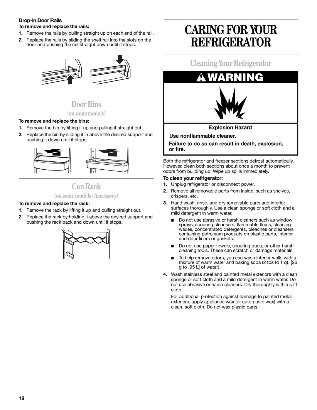 Whirlpool 6GD27DFXFS01, 2211657 manual Caring for Your Refrigerator, Door Bins, Can Rack, Cleaning Your Refrigerator 