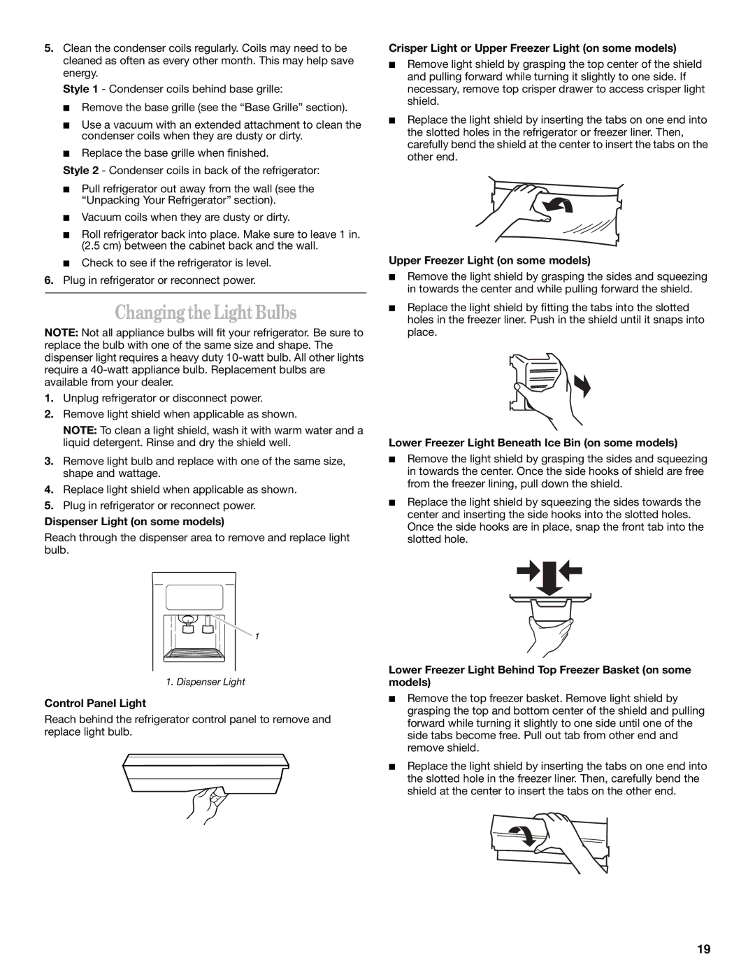 Whirlpool 2211657, 6GD27DFXFS01 manual Changing the LightBulbs 