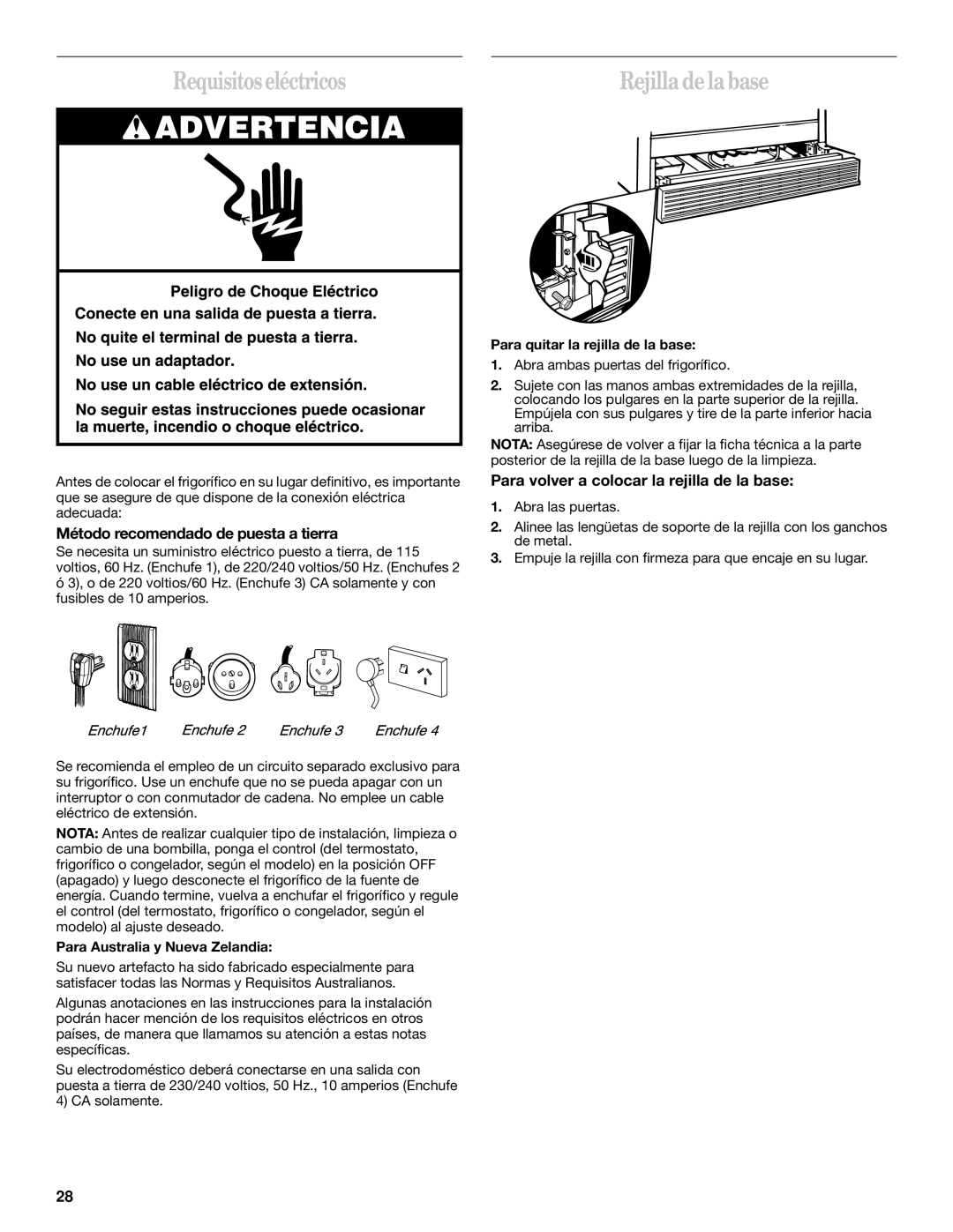 Whirlpool 6GD27DFXFS01 manual Requisitoseléctricos, Método recomendado de puesta a tierra, Para Australia y Nueva Zelandia 