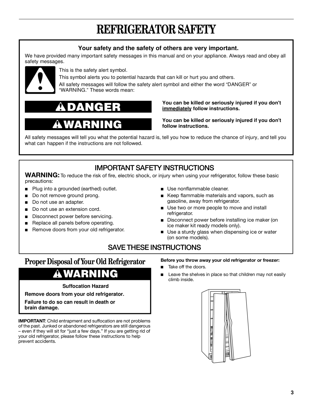 Whirlpool 2211657, 6GD27DFXFS01 manual Refrigerator Safety, Before you throw away your old refrigerator or freezer 