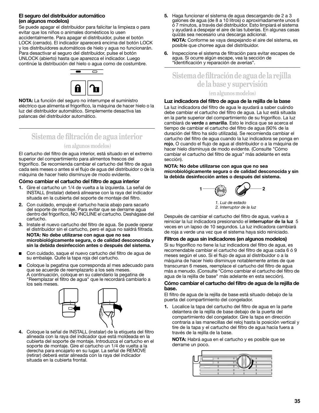 Whirlpool 2211657 manual Sistema de ﬁltración de agua interior, El seguro del distribuidor automático en algunos modelos 