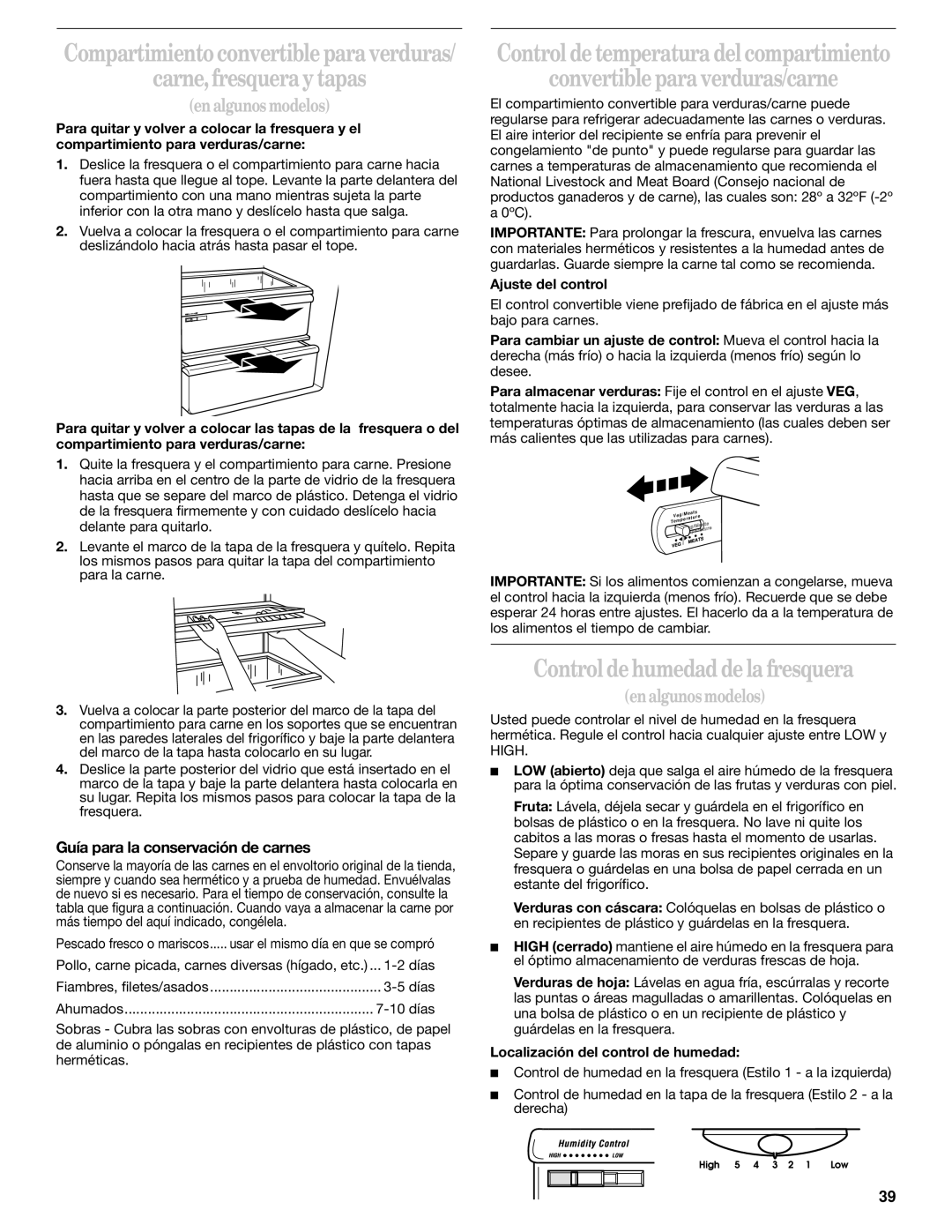 Whirlpool 2211657 manual Carne,fresquera y tapas, Control de humedad de la fresquera, Guía para la conservación de carnes 