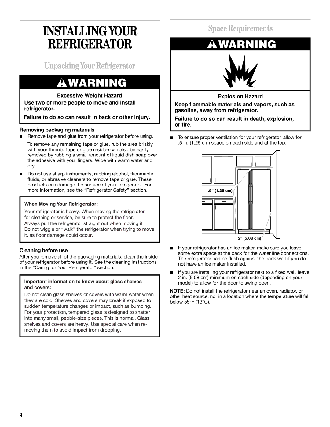 Whirlpool 6GD27DFXFS01 Installing Your Refrigerator, Unpacking Your Refrigerator, Space Requirements, Cleaning before use 