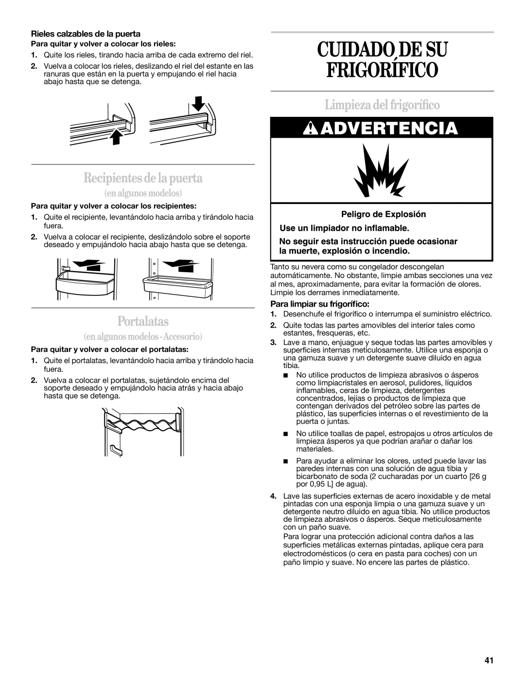 Whirlpool 2211657, 6GD27DFXFS01 Cuidado DE SU Frigorífico, Recipientes de la puerta, Portalatas, Limpieza del frigoríﬁco 
