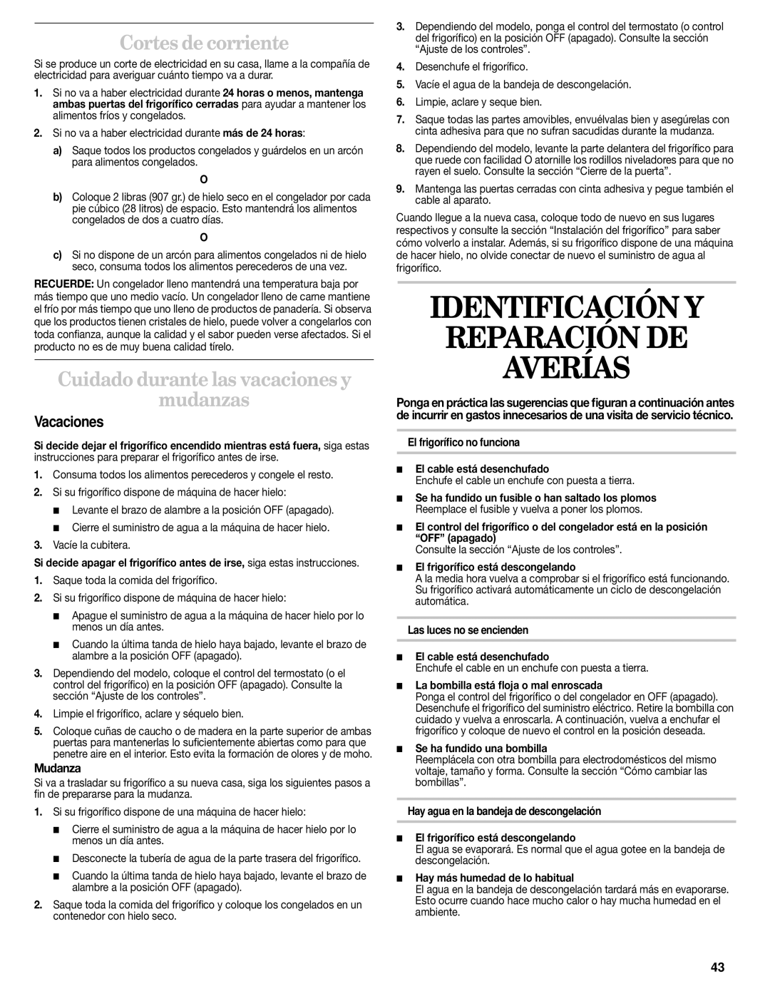 Whirlpool 2211657 Identificación Y Reparación DE Averías, Cortes de corriente, Cuidado durante las vacaciones y Mudanzas 