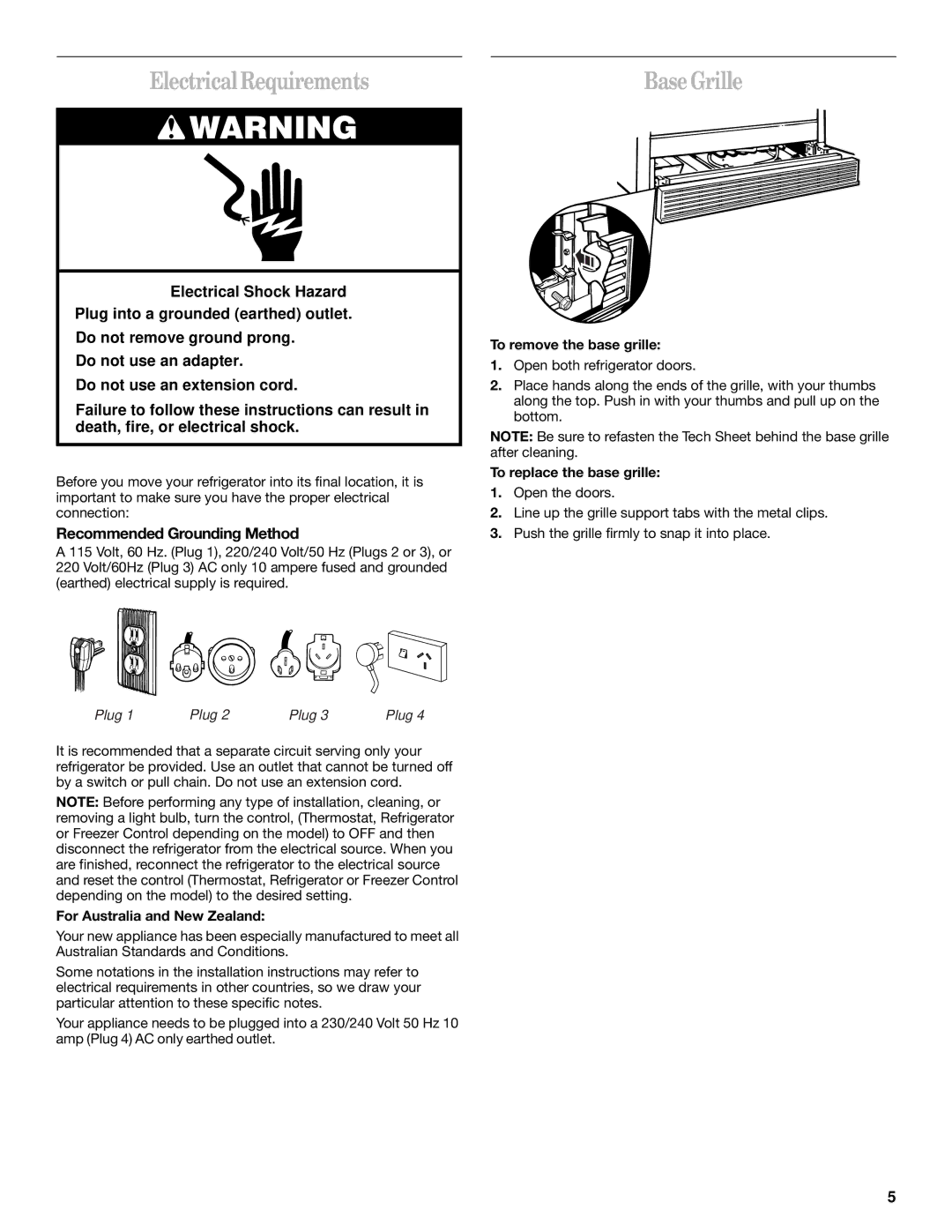 Whirlpool 2211657, 6GD27DFXFS01 manual Electrical Requirements, Base Grille, Recommended Grounding Method 