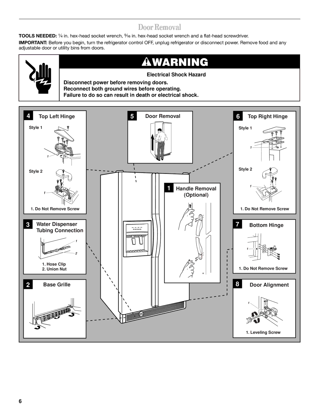 Whirlpool 6GD27DFXFS01, 2211657 manual Door Removal, Door Alignment 