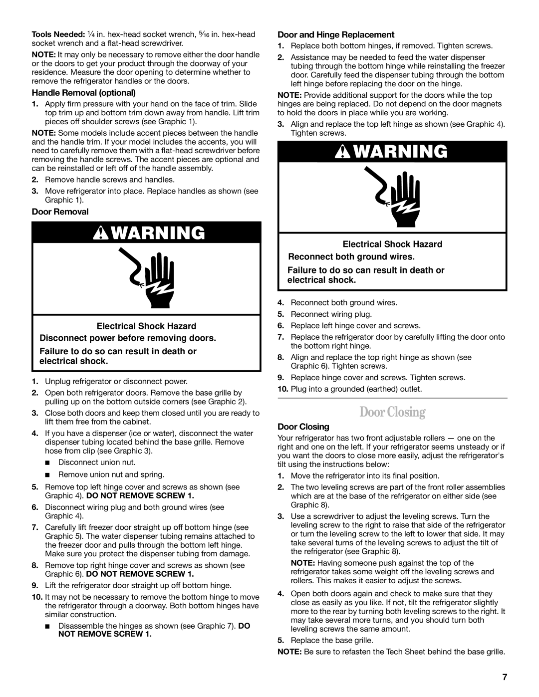 Whirlpool 2211657, 6GD27DFXFS01 manual Door Closing, Handle Removal optional, Door and Hinge Replacement 