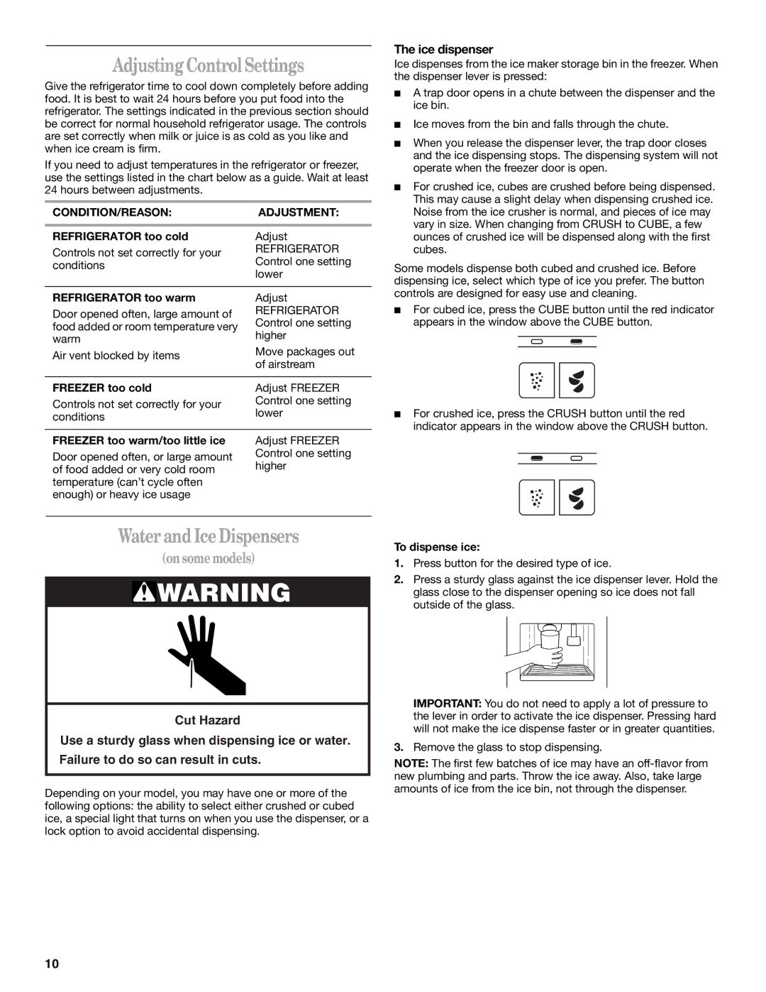 Whirlpool 6GD25DCXHW05, 6GD27DFXFS02, 6GD25DCXHW00 manual Adjusting Control Settings, Water and Ice Dispensers, Ice dispenser 