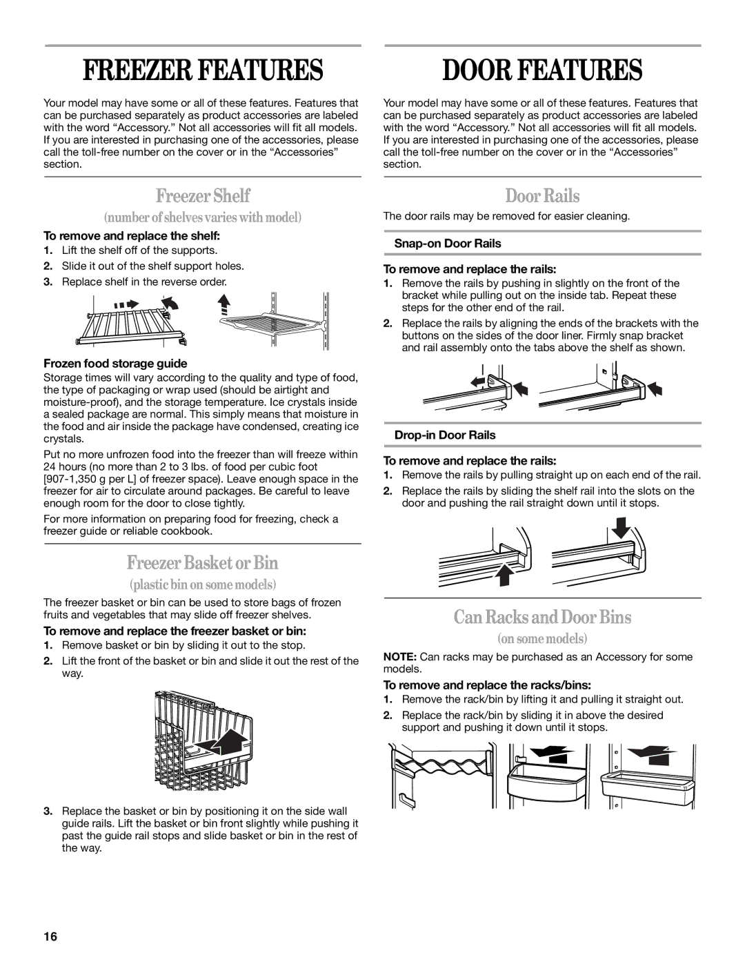 Whirlpool 5VGS7SHGKQ01 manual Freezer Features, Freezer Shelf, Freezer Basket or Bin, Door Rails, Can Racks and Door Bins 