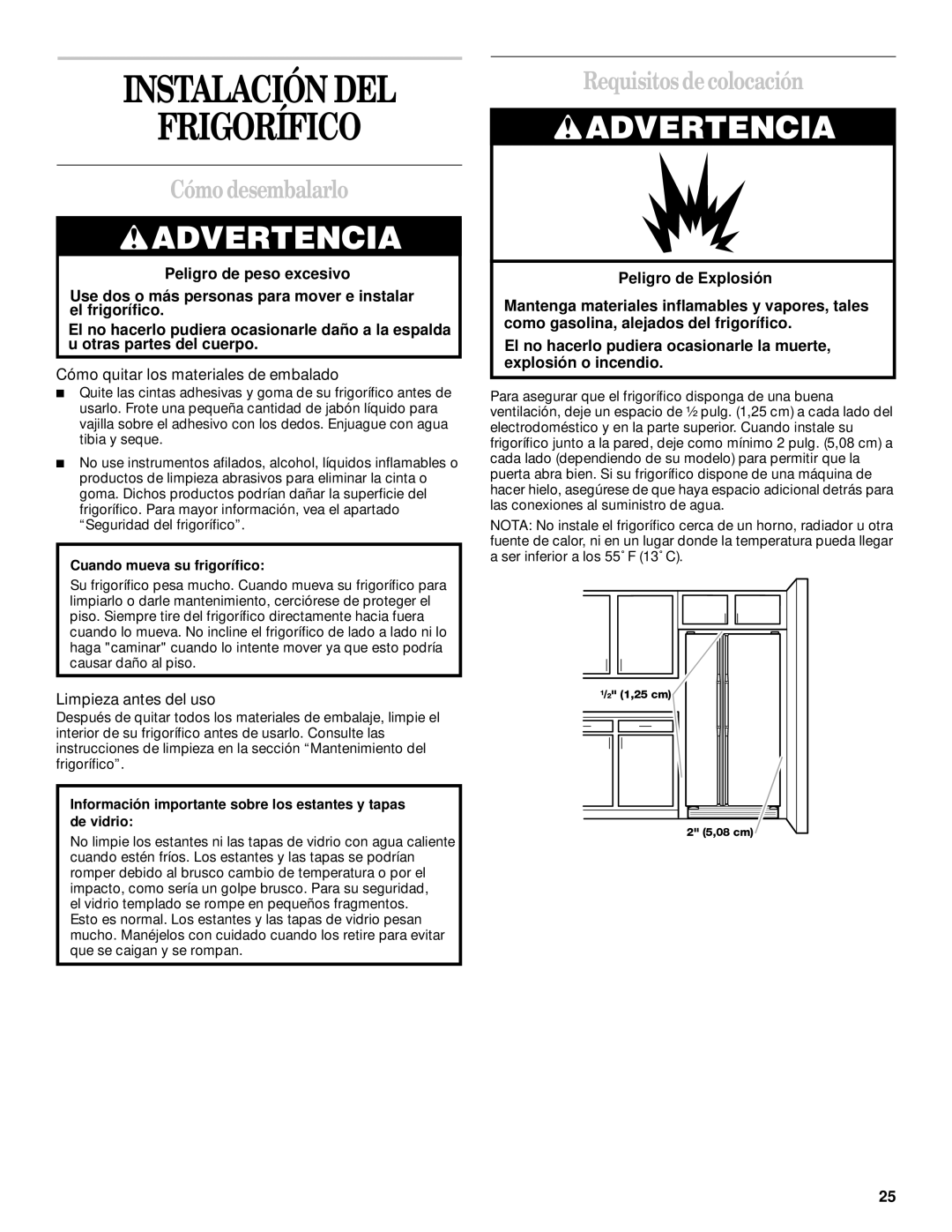 Whirlpool 5VGS7SHGKQ00 Instalación DEL Frigorífico, Cómo desembalarlo, Requisitos de colocación, Limpieza antes del uso 