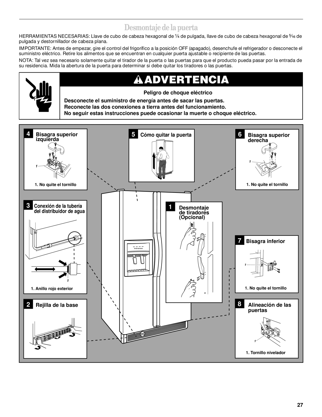 Whirlpool 5VGS7SHGKT01, 6GD27DFXFS02, 6GD25DCXHW00, 6GD25DCXHW03, 6GD25DCXHS02, 6GD25DCXHS01 Desmontaje de la puerta, Puertas 