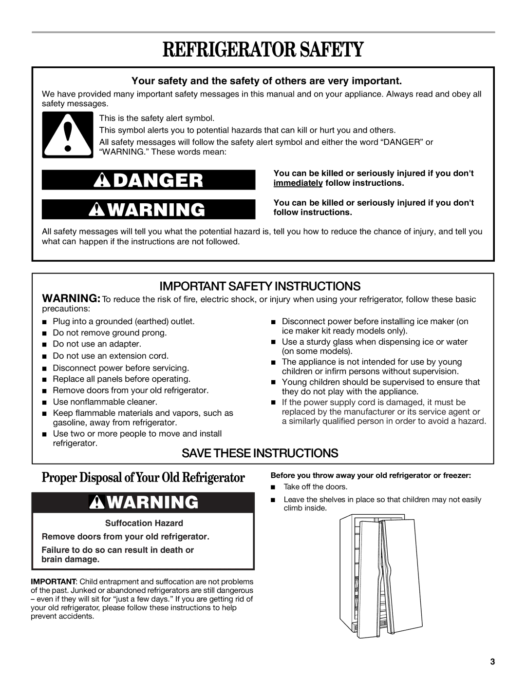 Whirlpool 6GD25DCXHS02, 6GD27DFXFS02 manual Refrigerator Safety, Before you throw away your old refrigerator or freezer 