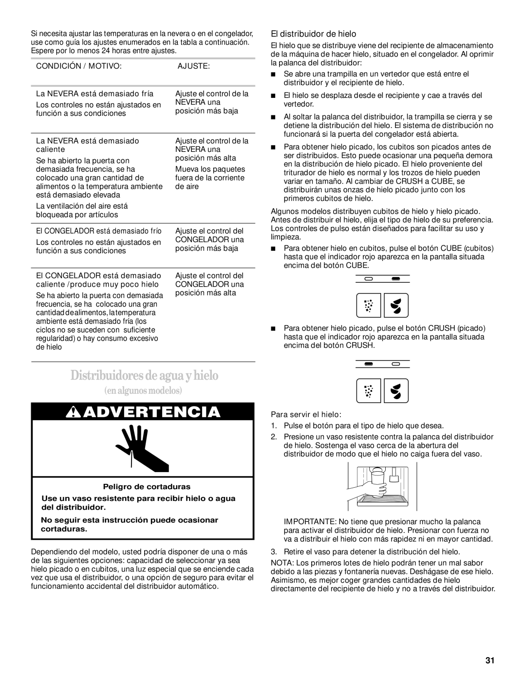 Whirlpool 6GD25DCXHW03, 6GD27DFXFS02, 6GD25DCXHW00, 6GD25DCXHS02 Distribuidores de agua y hielo, El distribuidor de hielo 