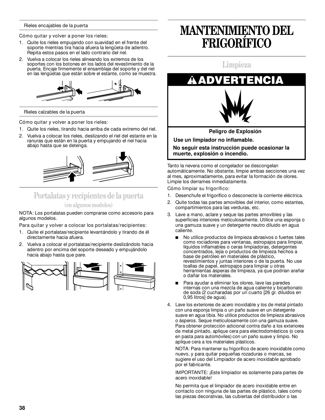 Whirlpool 6GD25DCXHS04, 6GD27DFXFS02 manual Mantenimiento DEL Frigorífico, Portalatas y recipientes de la puerta, Limpieza 