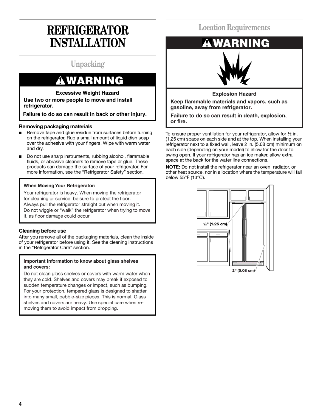 Whirlpool 6GD25DCXHS01, 6GD27DFXFS02 manual Refrigerator Installation, Unpacking, Location Requirements, Cleaning before use 