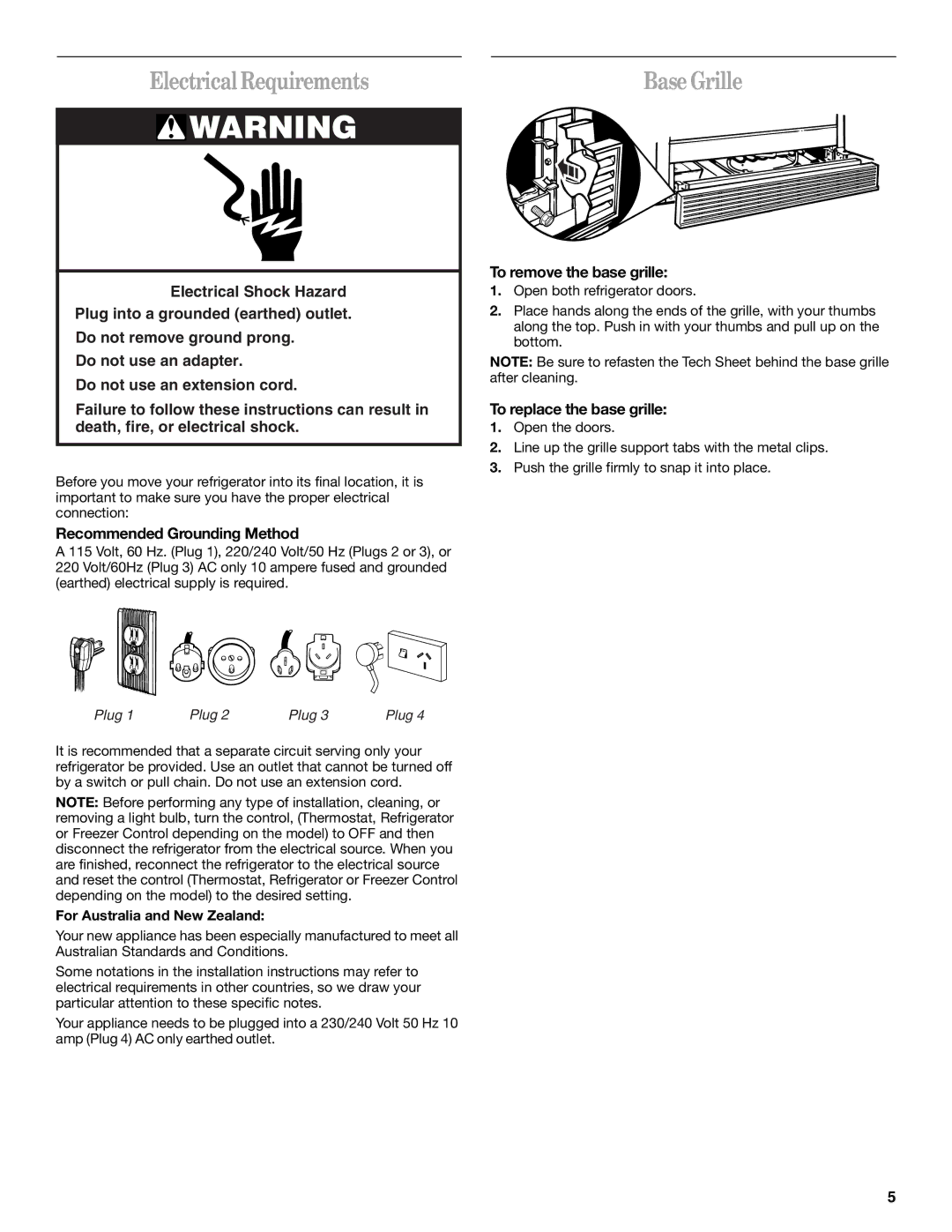 Whirlpool 6GD25DCXHS00 manual Electrical Requirements, Base Grille, Recommended Grounding Method, To remove the base grille 