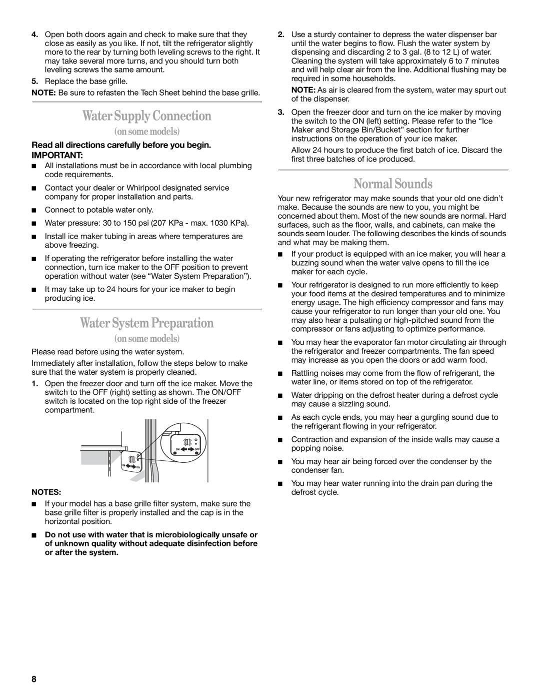 Whirlpool 6GD25DCXHS05, 6GD27DFXFS02, 6GD25DCXHW00 manual Water Supply Connection, Water System Preparation, Normal Sounds 