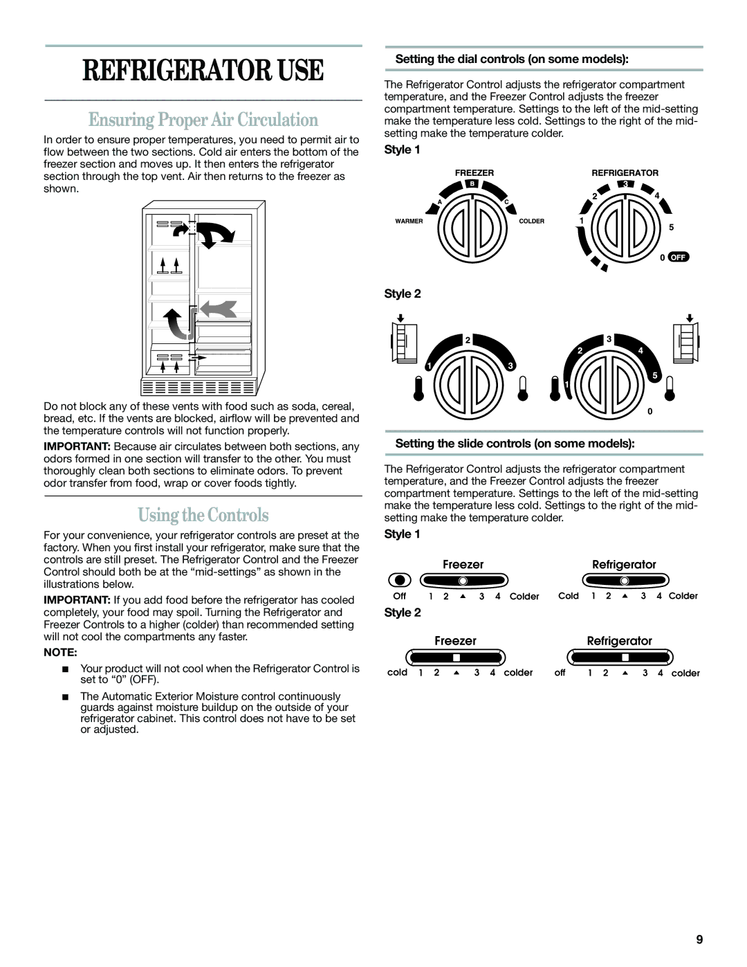 Whirlpool 6GD25DCXHS04, 6GD27DFXFS02, 6GD25DCXHW00 Refrigerator USE, Ensuring Proper Air Circulation, Using the Controls 