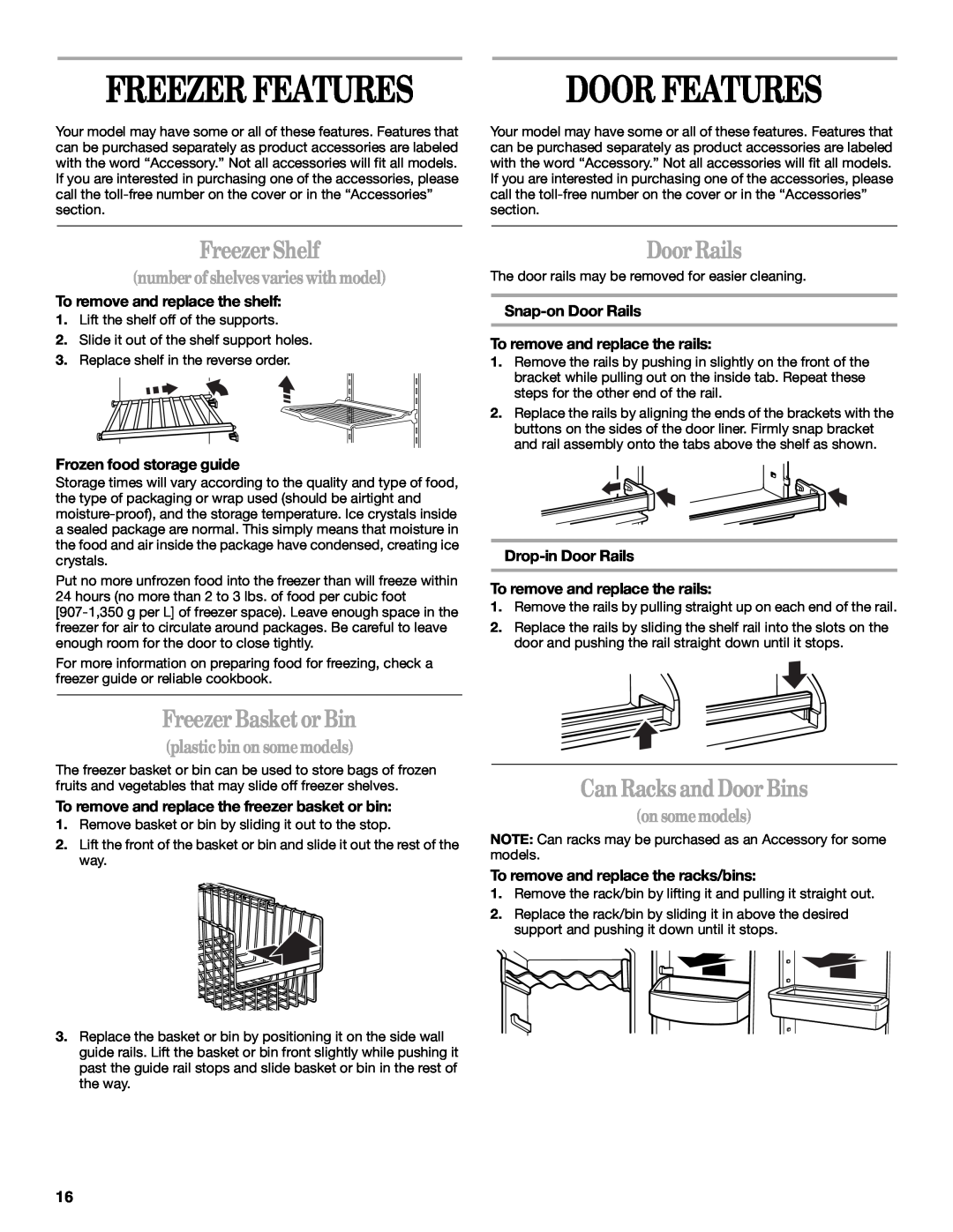 Whirlpool 5VGS7SHGKQ01 manual Freezer Features, Freezer Shelf, Freezer Basket or Bin, Door Rails, Can Racks and Door Bins 
