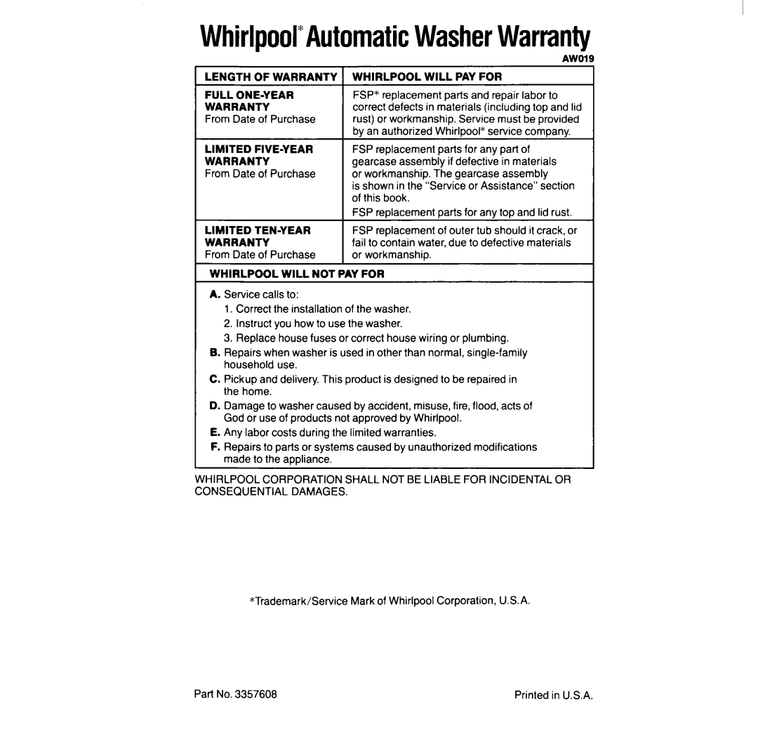 Whirlpool 6LA6300xY manual Whirlpool*AutomaticWasherWarranty 